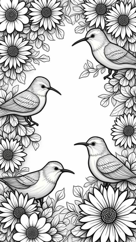 coloring pages of birds and flowers